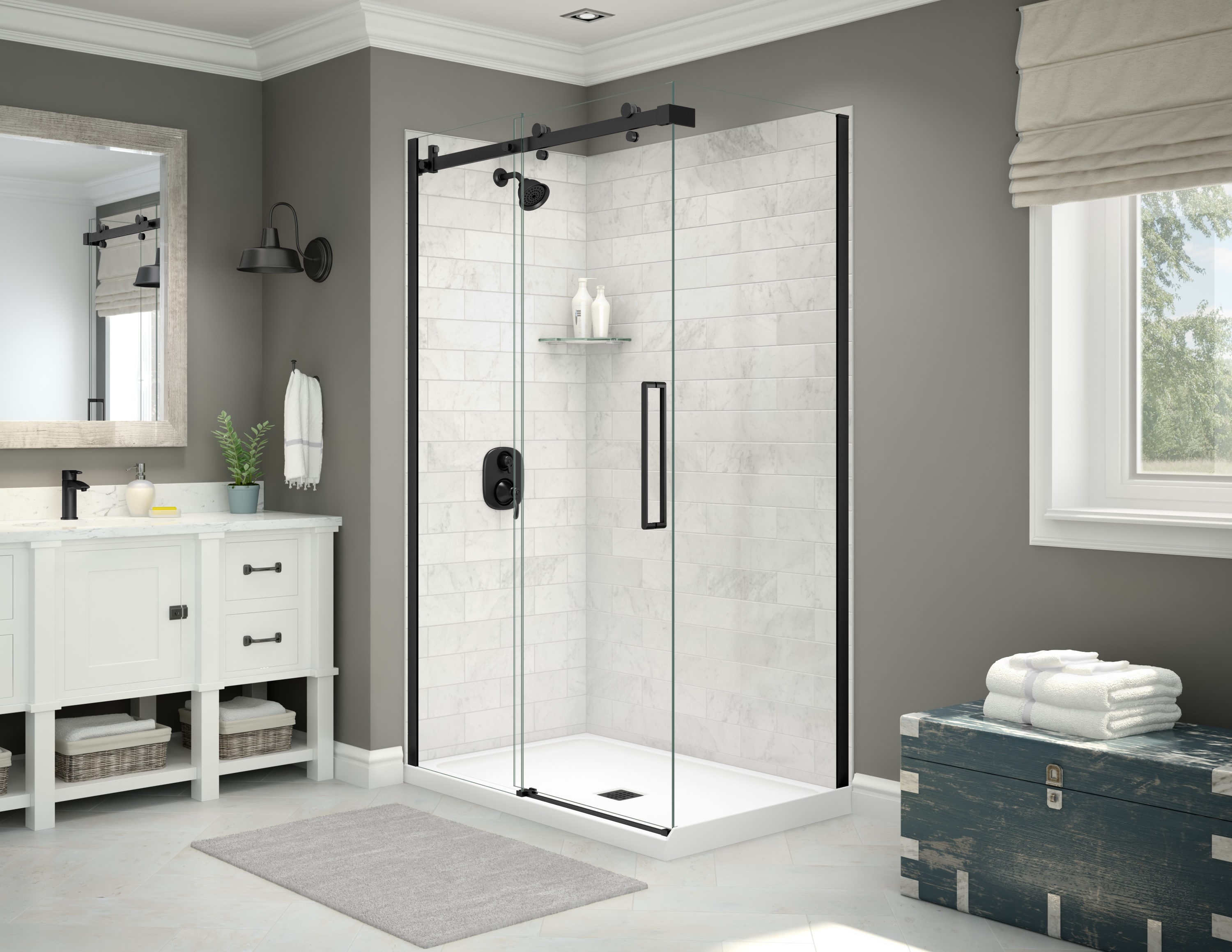 Panel de pared trasera para ducha encajada de una pieza directo al muro MAAX Utile de Mármol Carrara, medidas 48 pulgadas de ancho x 1.13 pulgadas de profundidad x 82.63 pulgadas de altura.