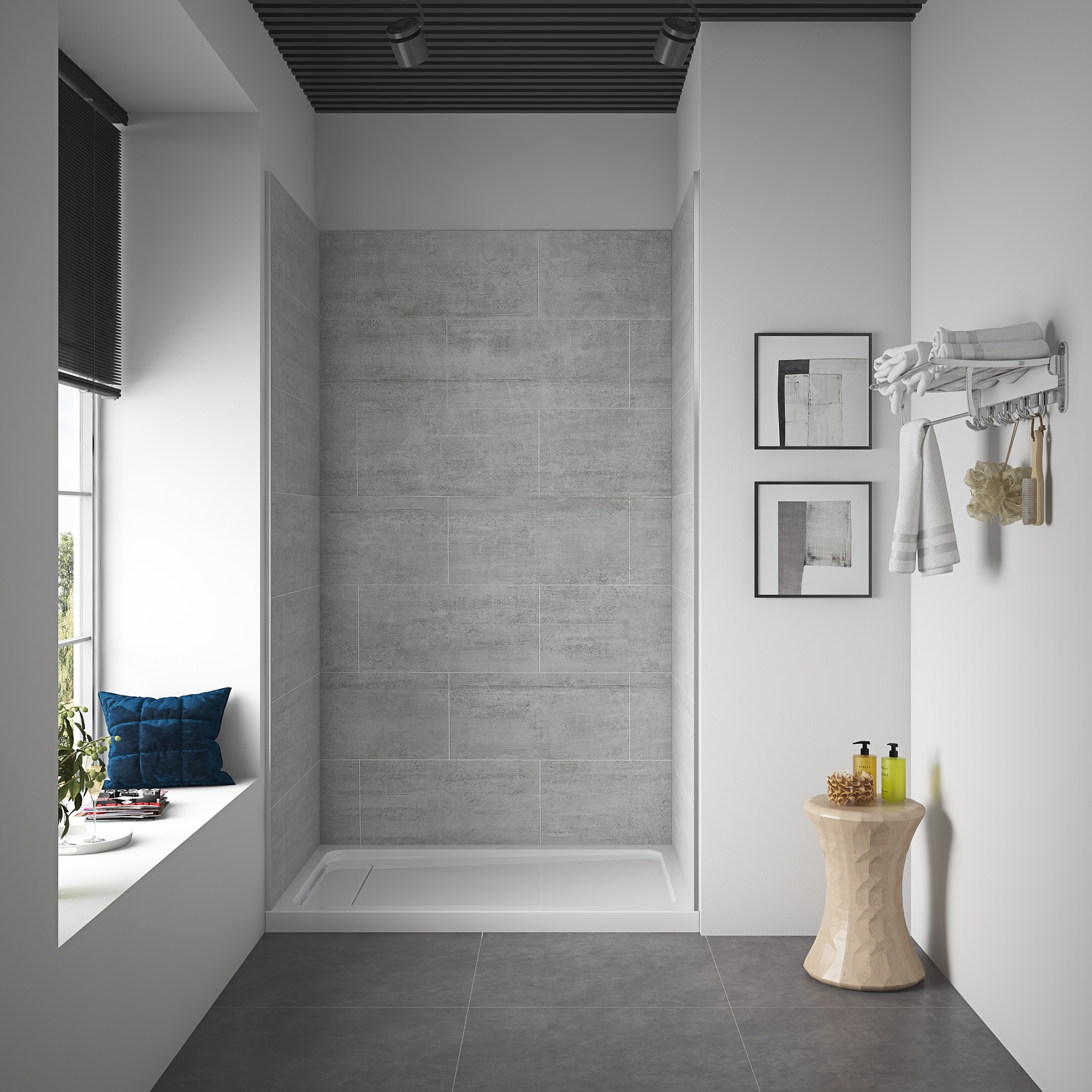 Panel de pared de esquina de la ducha de 3 piezas en gris claro de 48 pulgadas de ancho x 32 pulgadas de profundidad x 80 pulgadas de altura 15SAP-MISB48-GRY de OVE Decors