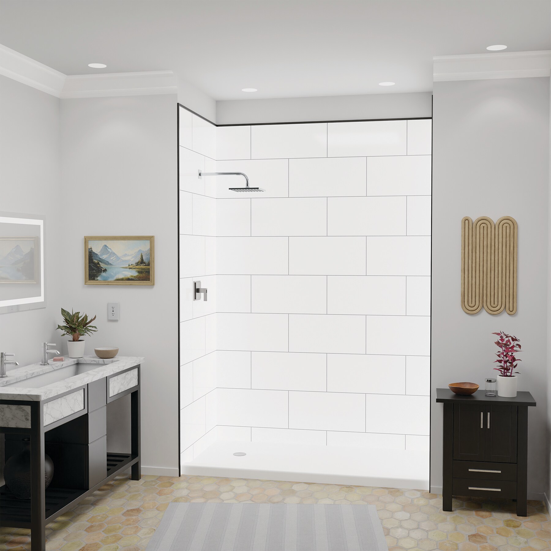 Revestimiento de pared para regadera de alcoba de 3 piezas con gris y detalles en negro de FlexStone 60 pulgadas de ancho x 36 pulgadas de profundidad x 80 pulgadas de altura