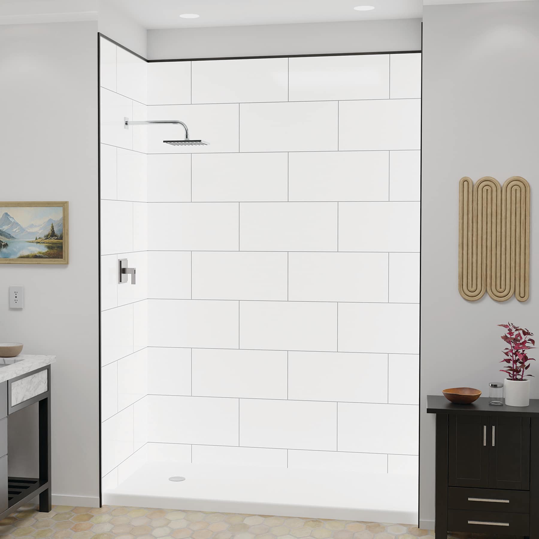 Revestimiento de pared para regadera de alcoba de 3 piezas con gris y detalles en negro de FlexStone 60 pulgadas de ancho x 36 pulgadas de profundidad x 80 pulgadas de altura