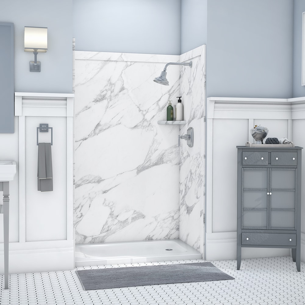 Revestimiento de pared para regadera alcove de 3 piezas FlexStone Elegance 3 en Calacatta Blanco 48 pulgadas ancho x 36 pulgadas profundo x 80 pulgadas alto