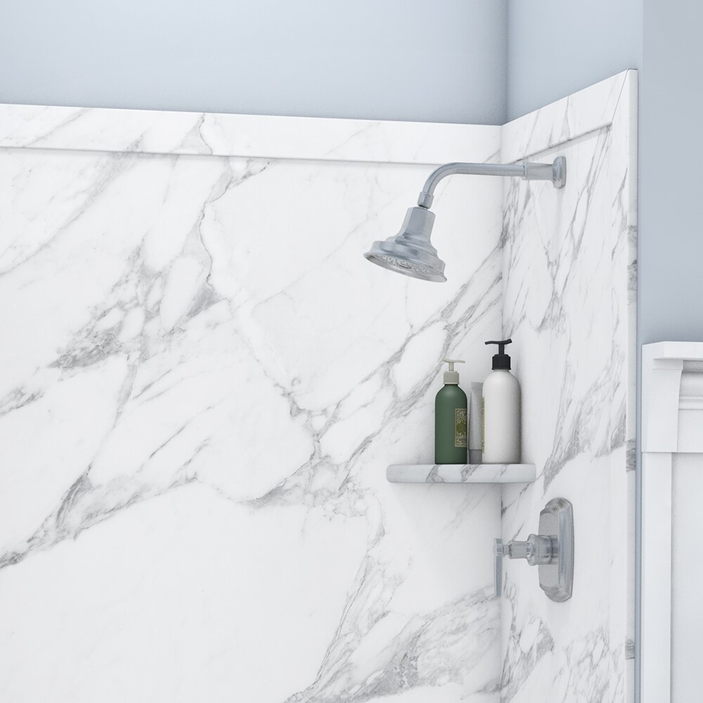 Revestimiento de pared para regadera alcove de 3 piezas FlexStone Elegance 3 en Calacatta Blanco 48 pulgadas ancho x 36 pulgadas profundo x 80 pulgadas alto
