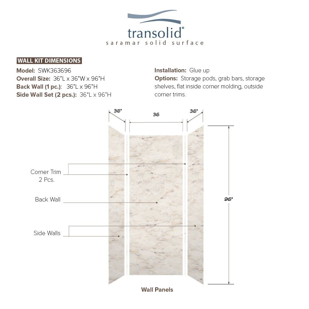 Kit de panel de ducha empotrable Alcove de 3.0 piezas en mármol Biscotti Velvet Saramar Transolid de 36 pulgadas de ancho x 36 pulgadas de profundidad x 96 pulgadas de altura SWK363696-48V