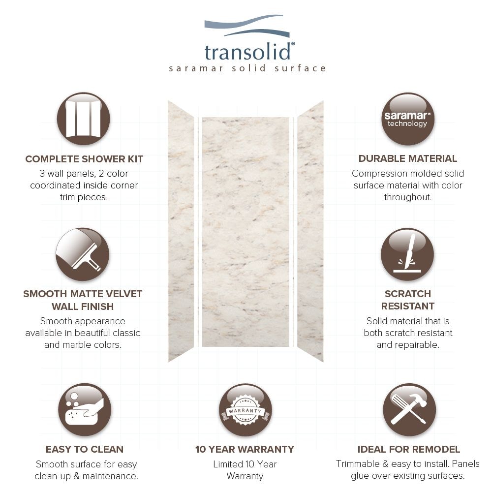 Kit de panel de ducha empotrable Alcove de 3.0 piezas en mármol Biscotti Velvet Saramar Transolid de 36 pulgadas de ancho x 36 pulgadas de profundidad x 96 pulgadas de altura SWK363696-48V