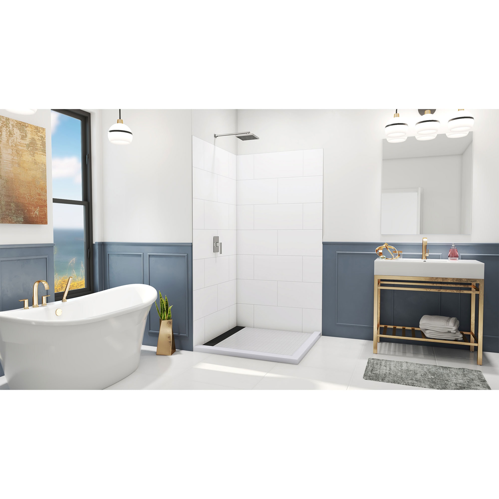 Panel de pared esquinero para ducha, blanco, de 42 pulgadas de ancho x 42 pulgadas de profundidad x 84 pulgadas de alto DreamLine DreamStone 2.0 piezas con adhesivo WKDS424284XTS00
