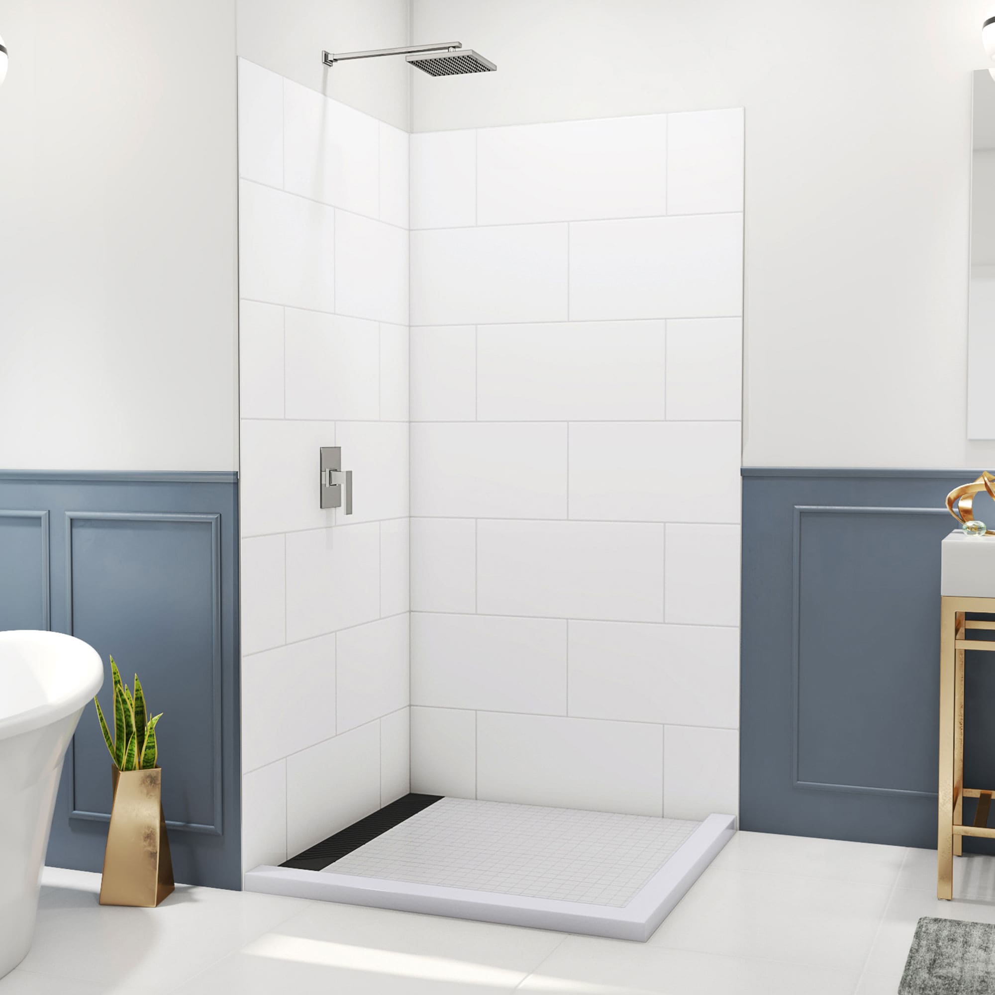 Panel de pared esquinero para ducha, blanco, de 42 pulgadas de ancho x 42 pulgadas de profundidad x 84 pulgadas de alto DreamLine DreamStone 2.0 piezas con adhesivo WKDS424284XTS00
