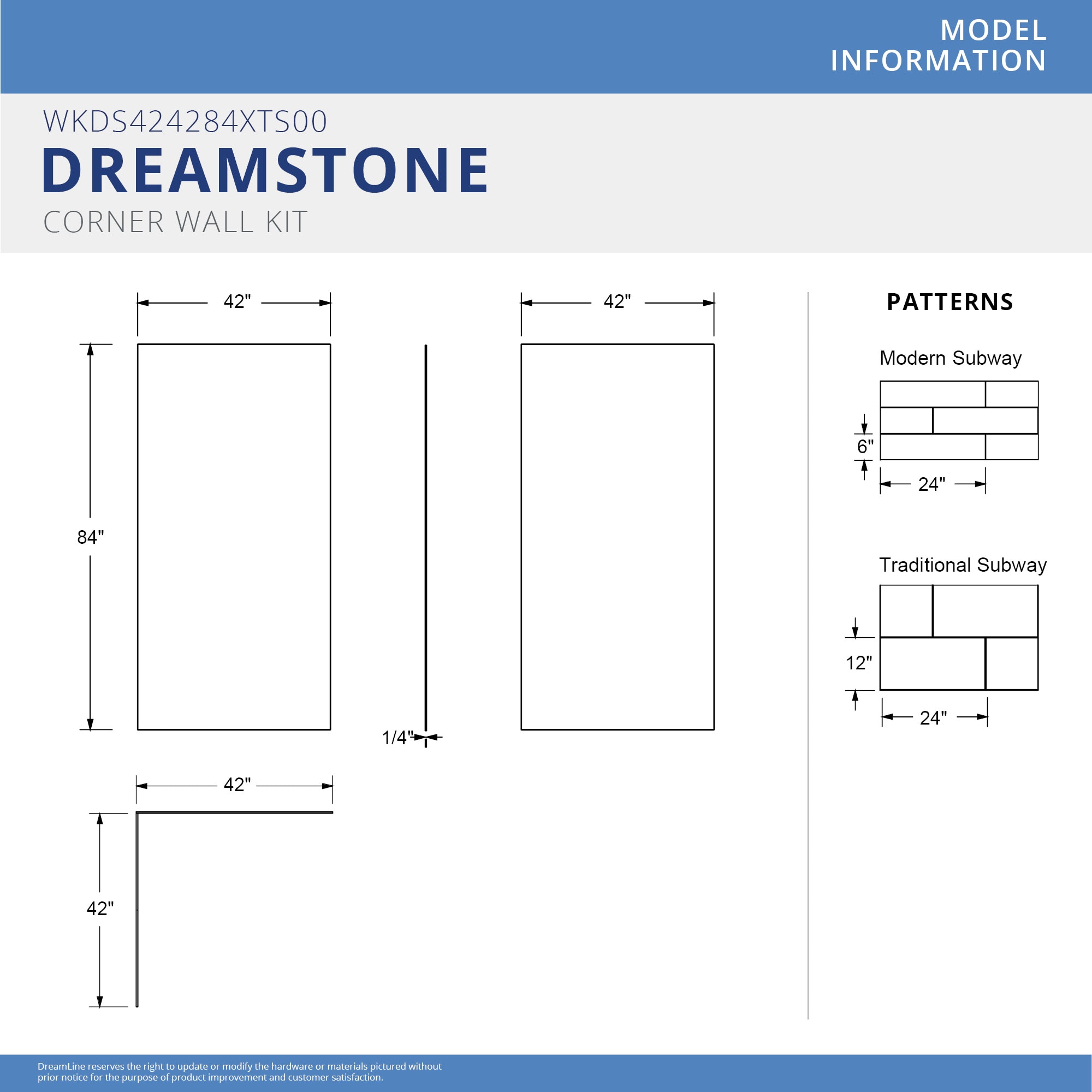 Panel de pared esquinero para ducha, blanco, de 42 pulgadas de ancho x 42 pulgadas de profundidad x 84 pulgadas de alto DreamLine DreamStone 2.0 piezas con adhesivo WKDS424284XTS00