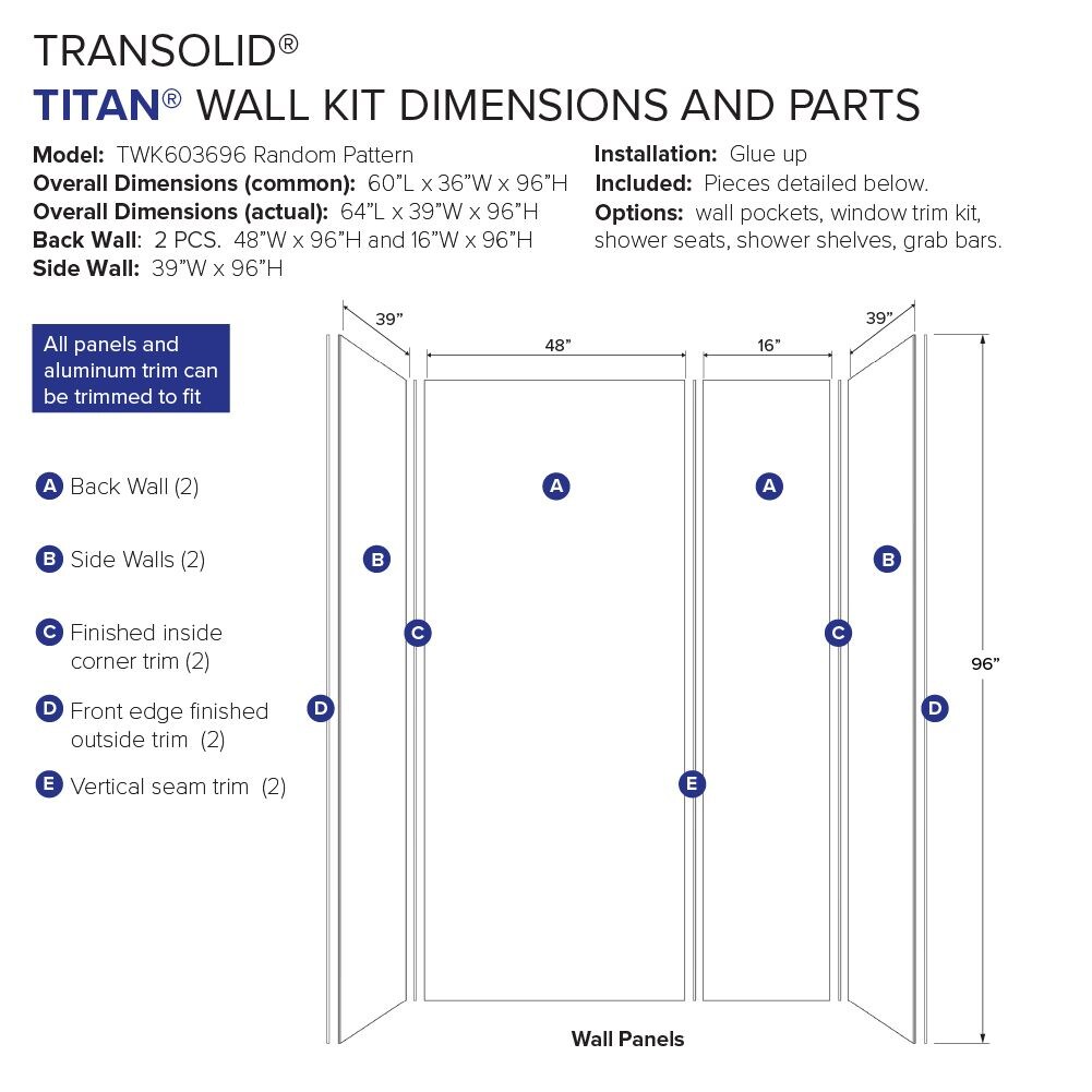 Kit de panel de ducha para alcoba de Transolid Titan 60 pulgadas de ancho x 36 pulgadas de profundidad x 96 pulgadas de altura en color gris céfiro/texturizado 4.0 - Pieza de instalación con pegamento TWK603696-KI34T