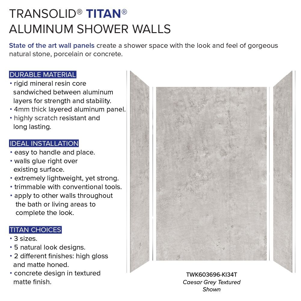 Kit de panel de ducha para alcoba de Transolid Titan 60 pulgadas de ancho x 36 pulgadas de profundidad x 96 pulgadas de altura en color gris céfiro/texturizado 4.0 - Pieza de instalación con pegamento TWK603696-KI34T