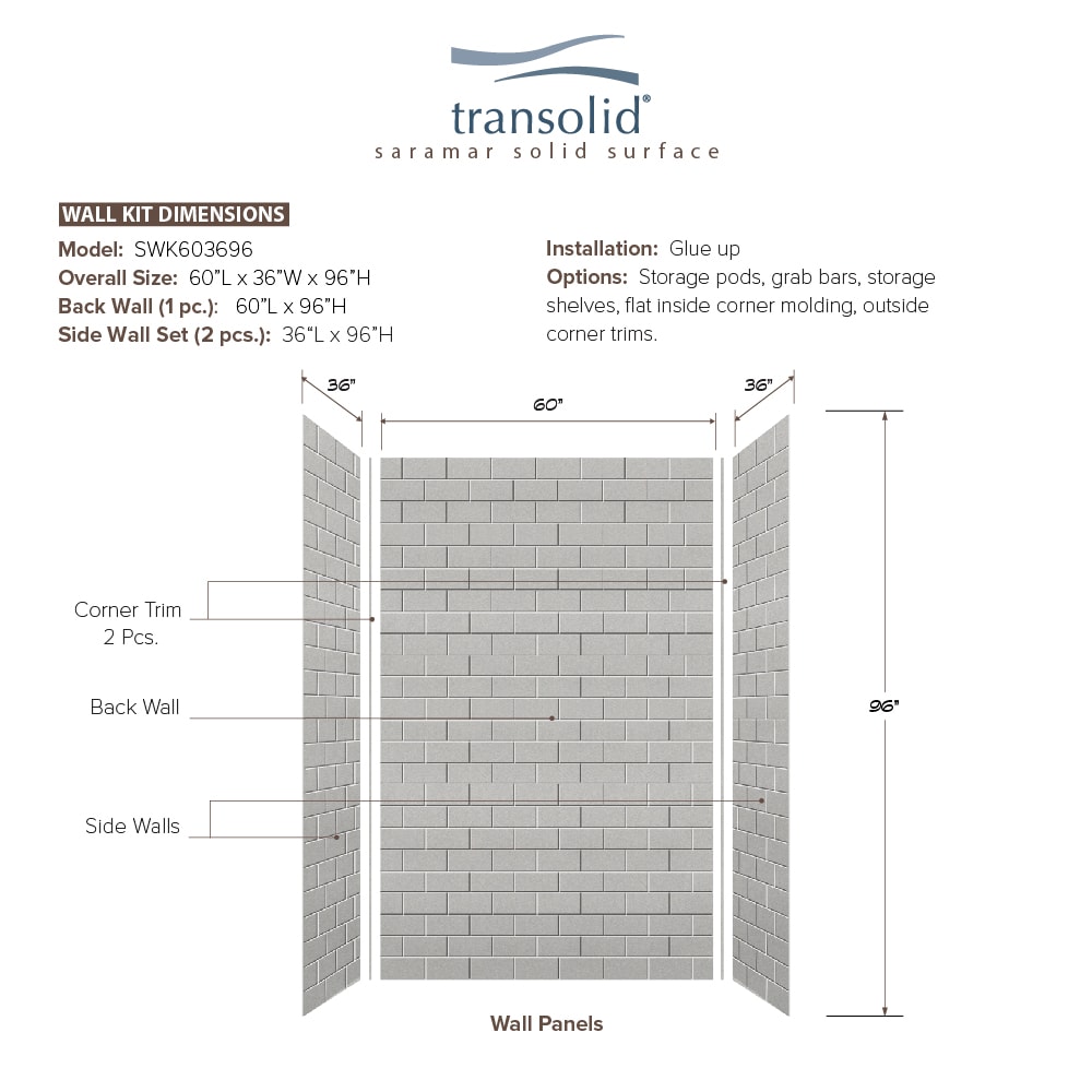 Kit de panel de ducha alcove de 3.0 piezas Transolid SaraMar 60 pulgadas de ancho x 36 pulgadas de profundidad x 96 pulgadas de altura en gris Beach