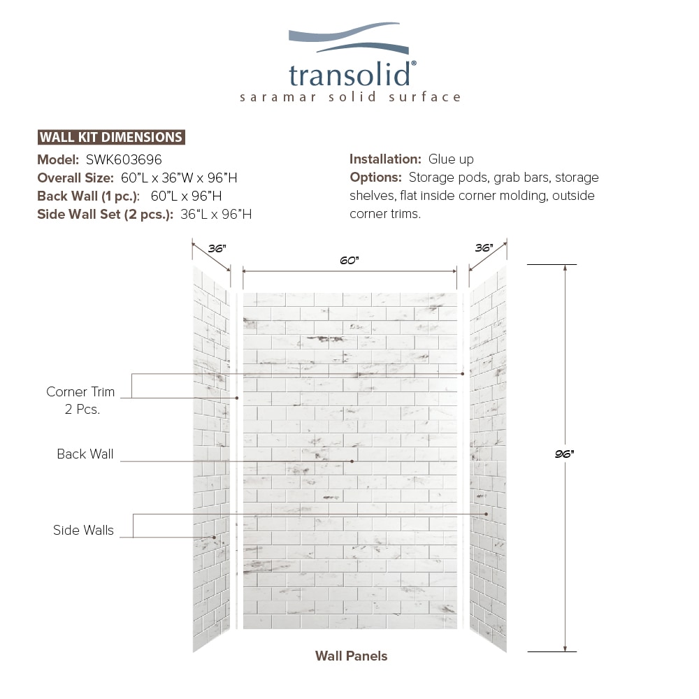 Kit de panel de ducha de alféizar Transolid SaraMar 60 pulg. x 36 pulg. x 96 pulg. blanco Venito 3.0 - 3 piezas para pegar en lugar de SWK603696-47