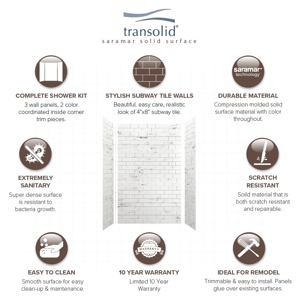Kit de panel de ducha de alféizar Transolid SaraMar 60 pulg. x 36 pulg. x 96 pulg. blanco Venito 3.0 - 3 piezas para pegar en lugar de SWK603696-47