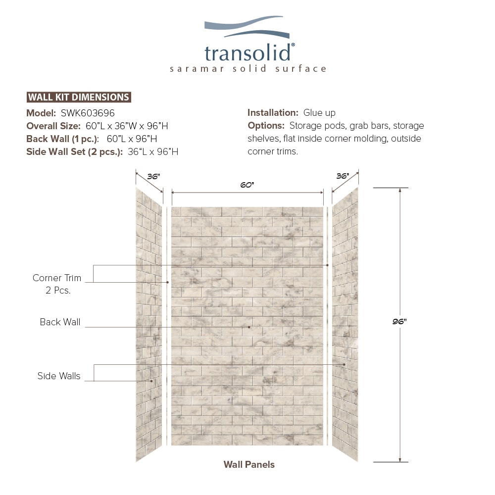 Kit de panel de ducha acoplado con pegamento de 3.0 piezas SaraMar Transolid de 60 pulgadas de ancho x 36 pulgadas de profundidad x 96 pulgadas de altura en crema de arena SWK603696-49.