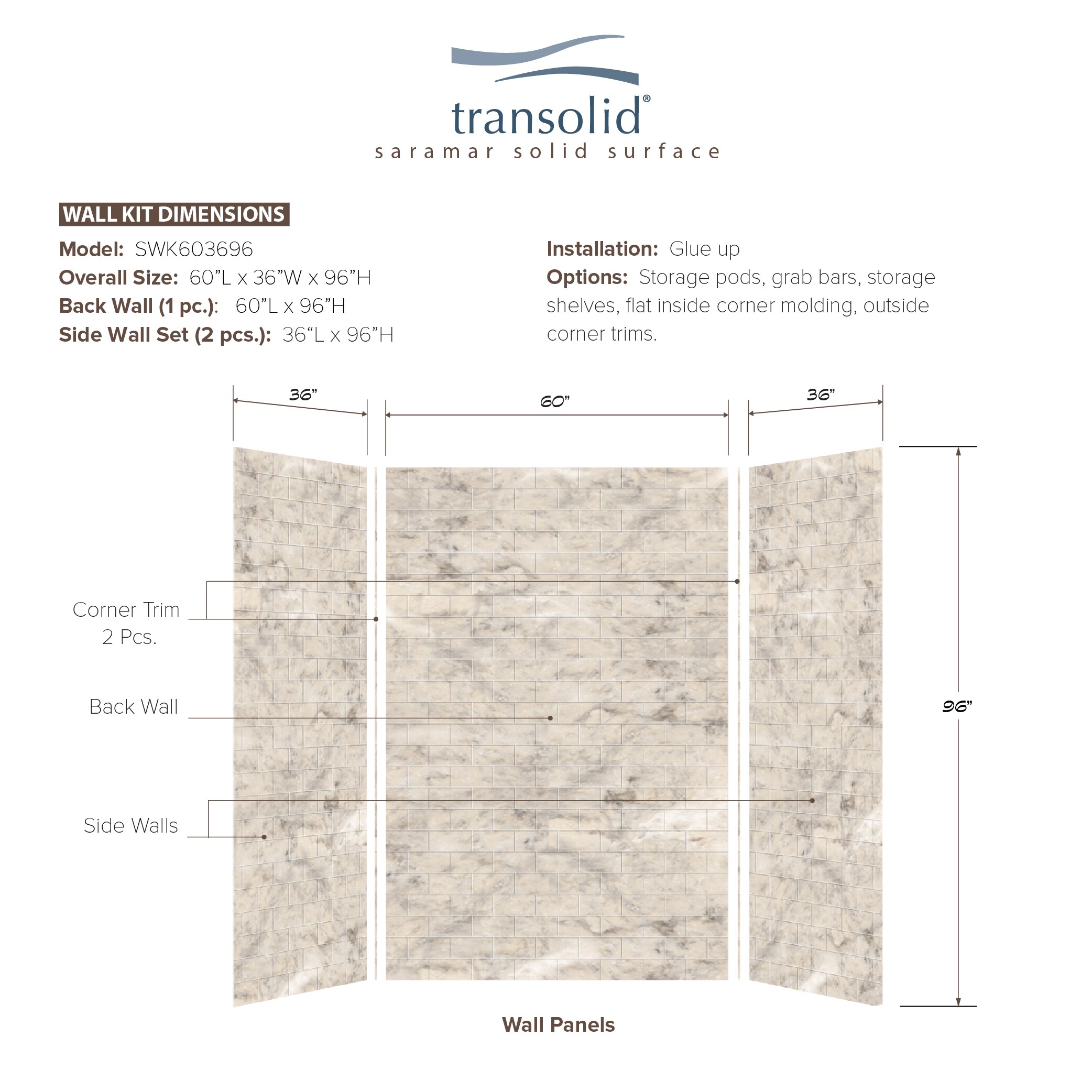 Kit de panel de ducha acoplado con pegamento de 3.0 piezas SaraMar Transolid de 60 pulgadas de ancho x 36 pulgadas de profundidad x 96 pulgadas de altura en crema de arena SWK603696-49.