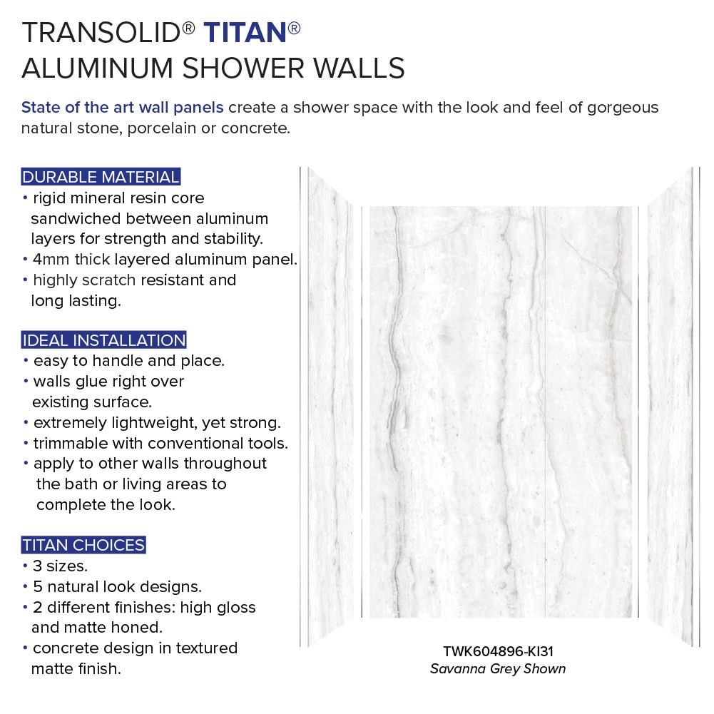 Kit de panel de ducha para alcoba Transolid Titan de 4.0 piezas en color gris sabana/brillante de 60 pulgadas de ancho x 48 pulgadas de profundidad x 96 pulgadas de altura TWK604896-KI31G.