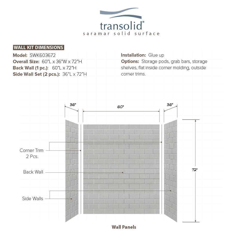 Kit de panel de ducha encajable de alcoba Transolid SaraMar Beach Gris de 60 pulgadas de ancho x 36 pulgadas de profundidad x 72 pulgadas de altura 3.0 piezas SWK603672-27.