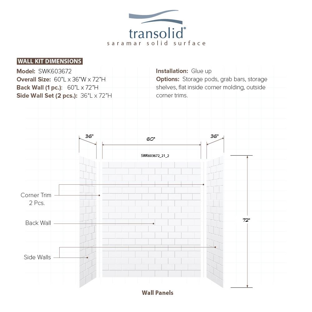 Kit de panel de ducha de alcoba de 3.0 piezas con pegamento Transolid SaraMar de 60 pulgadas de ancho x 36 pulgadas de profundidad x 72 pulgadas de alto en blanco SWK603672-21