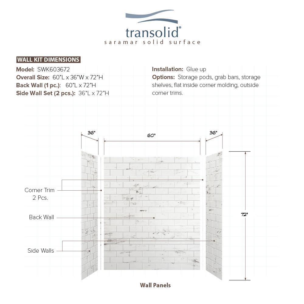 Kit de panel de ducha encastrado en alacena Transolid SaraMar de 60 pulgadas de ancho, 36 pulgadas de profundidad y 72 pulgadas de altura en color blanco Venito 3.0, de 3 piezas - Modelo SWK603672-47