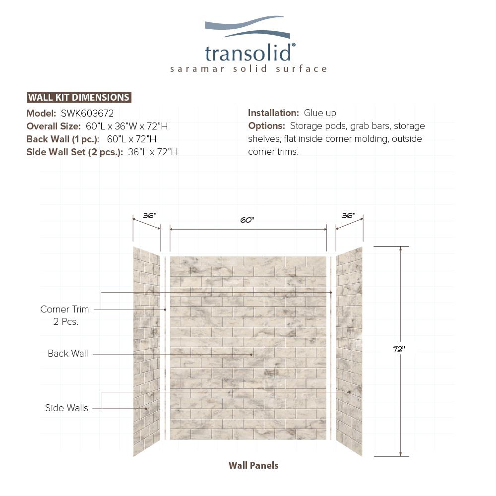 Kit de panel de ducha encajable de alcoba de Sand Creme de 3.0 piezas Transolid SaraMar de 60 pulgadas de ancho por 36 pulgadas de profundidad por 72 pulgadas de altura SWK603672-49
