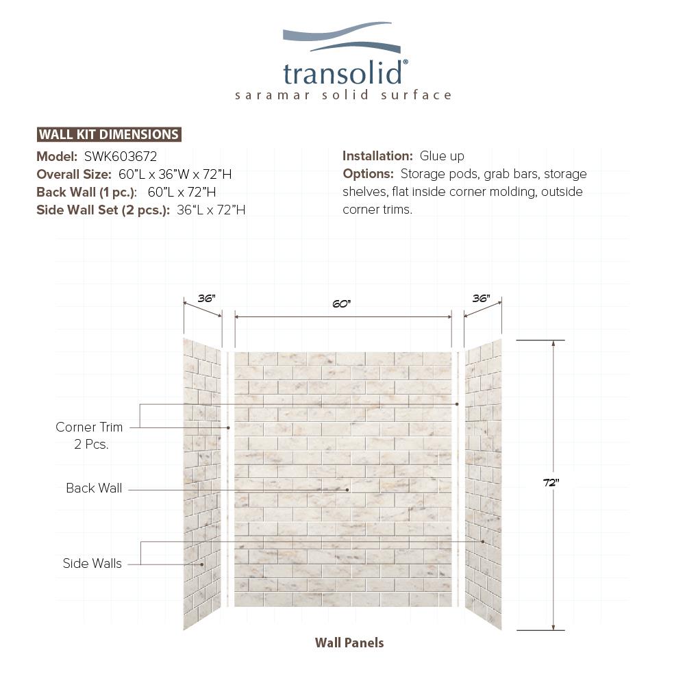 Kit de panel de ducha en alcoba de 3.0 piezas de mármol biscotti Transolid SaraMar de 60 pulgadas de ancho x 36 pulgadas de profundidad x 72 pulgadas de alto SWK603672-48