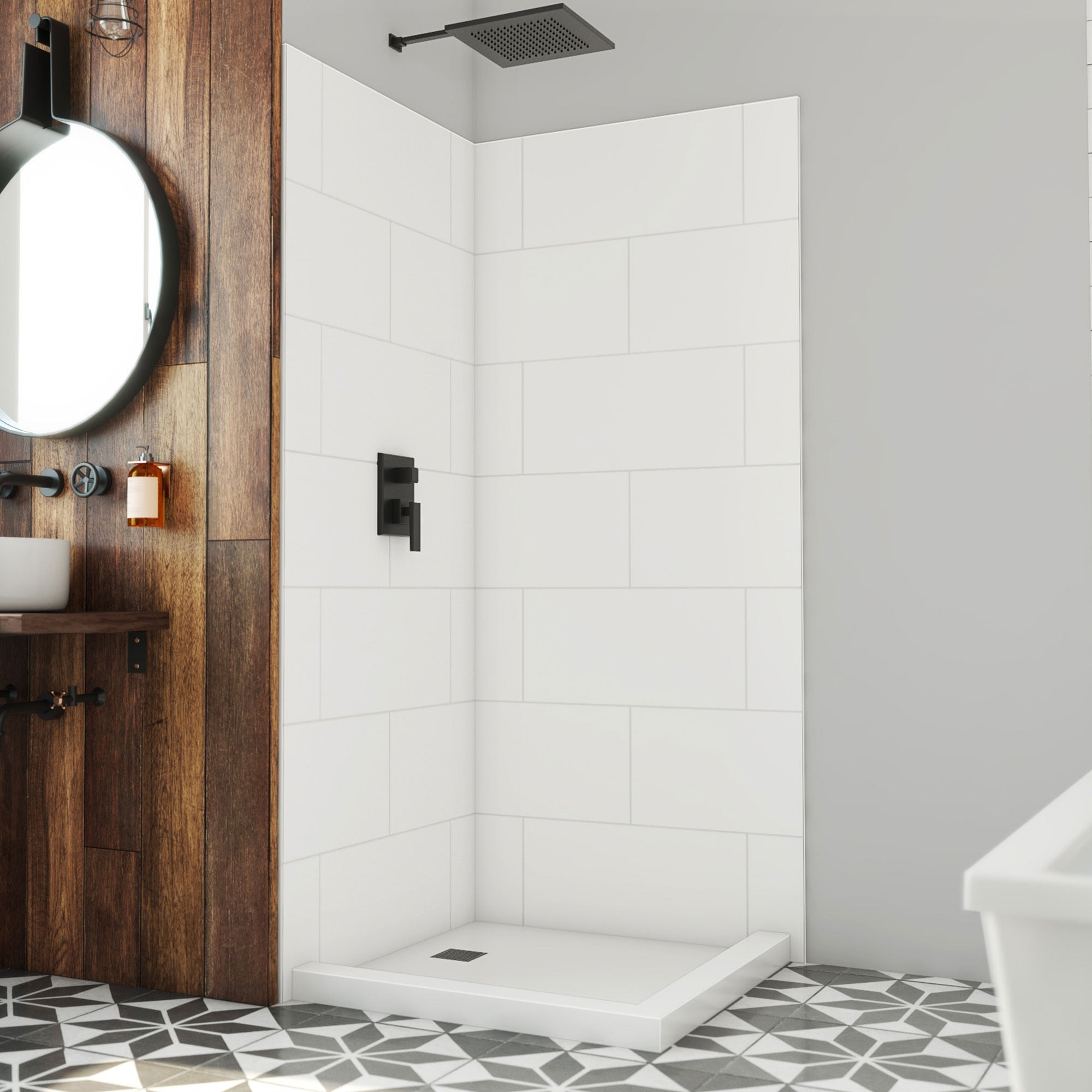Panel de pared de esquina blanco de 36 pulgadas de ancho x 36 pulgadas de profundidad x 84 pulgadas de altura, para ducha, de pegado fácil de 2 piezas DreamStone DreamLine