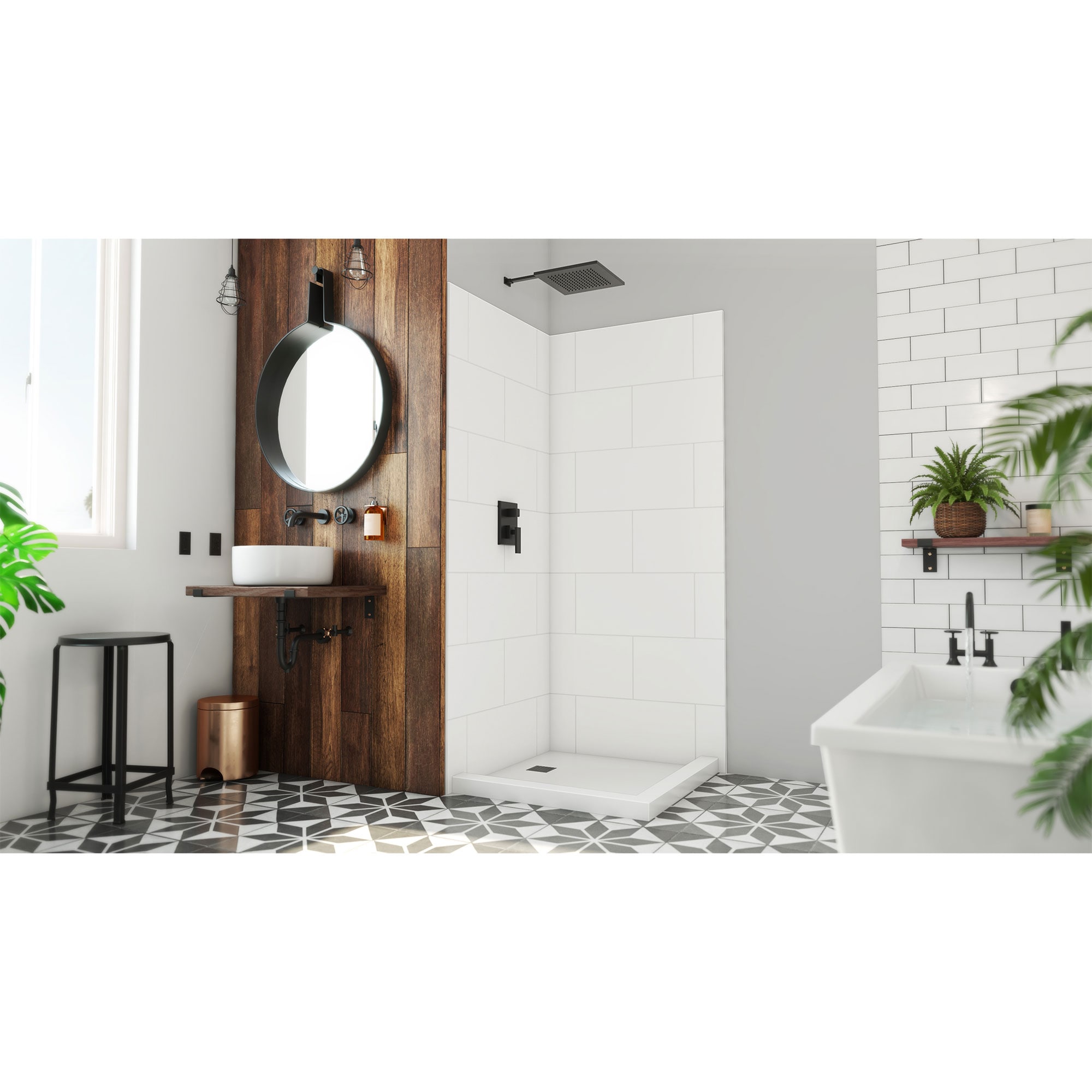 Panel de pared de esquina blanco de 36 pulgadas de ancho x 36 pulgadas de profundidad x 84 pulgadas de altura, para ducha, de pegado fácil de 2 piezas DreamStone DreamLine