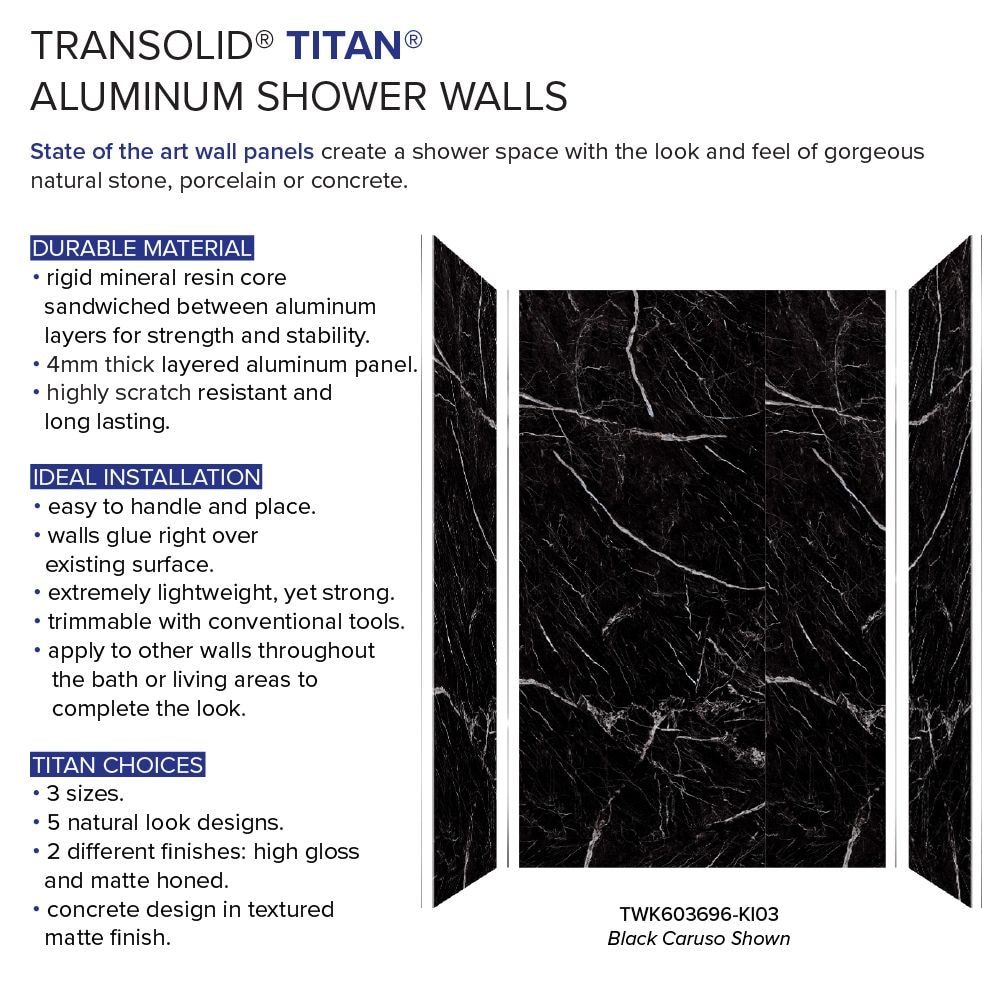 Kit de panel de ducha en alcoba Transolid Titan 60 pulgadas de ancho x 36 pulgadas de profundidad x 96 pulgadas de alto en negro Caruso/brillante 4.0 piezas para pegar TWK603696-KI03G.