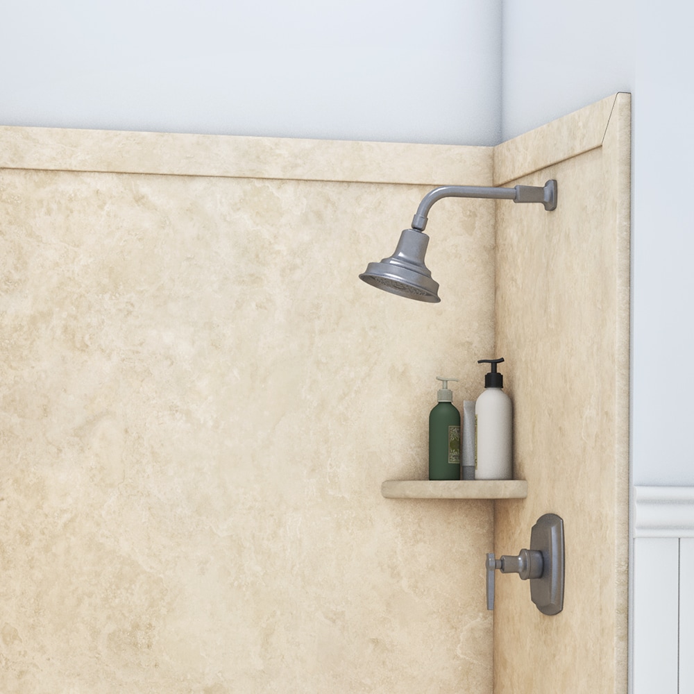 Revestimiento de pared para regadera en alcoba FlexStone Elegance 3 en Travertino Crema de 48 pulgadas de ancho x 36 pulgadas de profundidad x 80 pulgadas de altura, de 3 piezas con sistema de pegado SSK48367831CT.