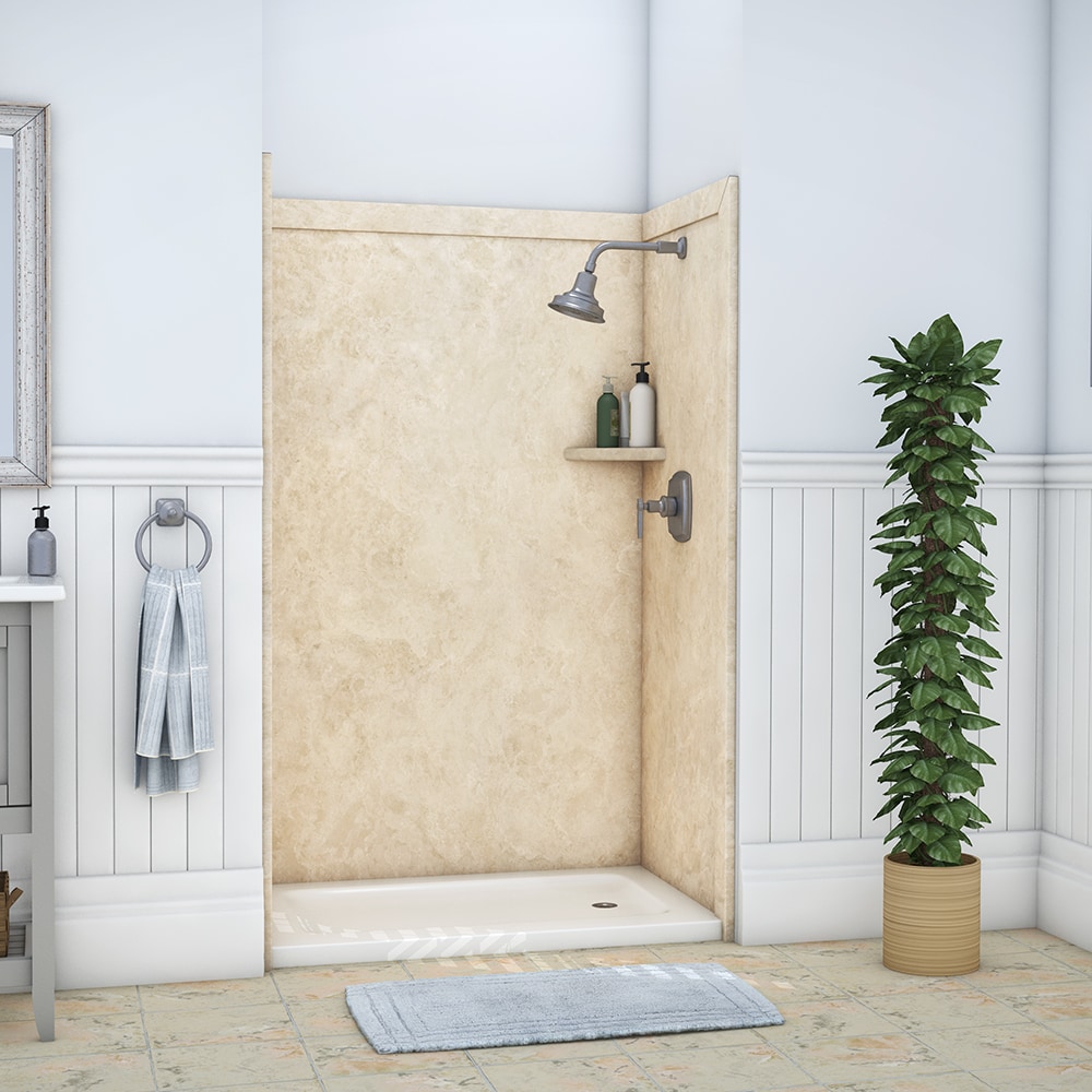 Revestimiento de pared para regadera en alcoba FlexStone Elegance 3 en Travertino Crema de 48 pulgadas de ancho x 36 pulgadas de profundidad x 80 pulgadas de altura, de 3 piezas con sistema de pegado SSK48367831CT.