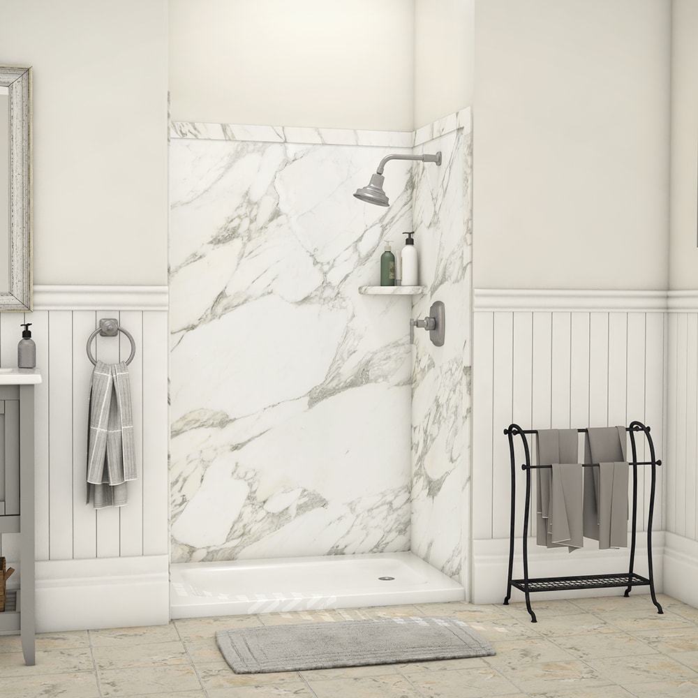Pared de Ducha Alcove FlexStone Elegance 3 con acabado en Calcuta Gold de 48 pulgadas de ancho x 36 pulgadas de profundidad x 80 pulgadas de alto, en 3 piezas con sistema de instalación de pegamento.