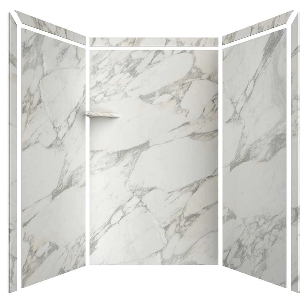 Pared de Ducha Alcove FlexStone Elegance 3 con acabado en Calcuta Gold de 48 pulgadas de ancho x 36 pulgadas de profundidad x 80 pulgadas de alto, en 3 piezas con sistema de instalación de pegamento.