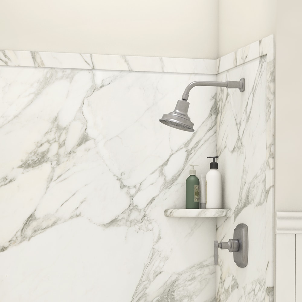 Pared de Ducha Alcove FlexStone Elegance 3 con acabado en Calcuta Gold de 48 pulgadas de ancho x 36 pulgadas de profundidad x 80 pulgadas de alto, en 3 piezas con sistema de instalación de pegamento.