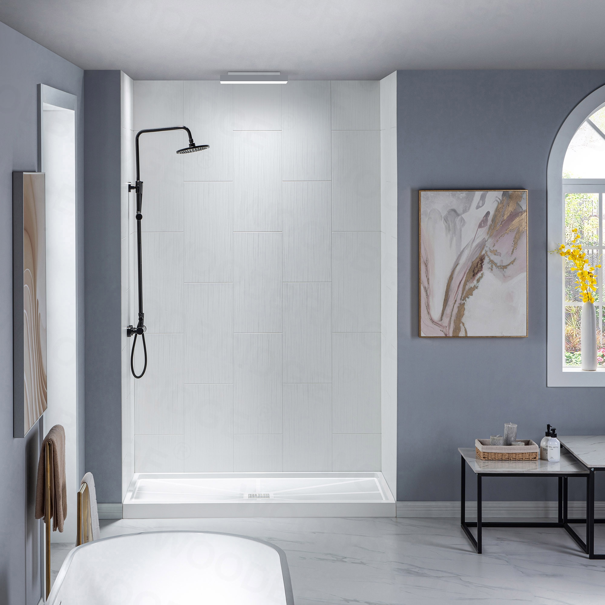 Kit de panel de ducha encajable en alacena de 60 pulgadas de ancho por 60 pulgadas de profundidad por 36 pulgadas de alto en blanco mate Woodbridge Wooler 3.0 piezas LSWP117
