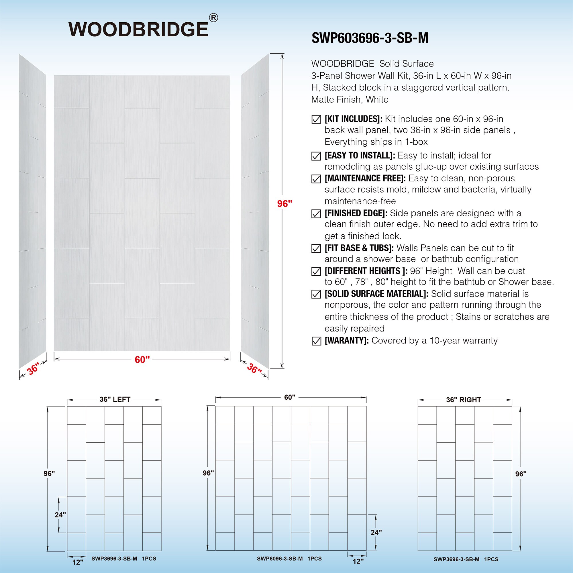Kit de panel de ducha encajable en alacena de 60 pulgadas de ancho por 60 pulgadas de profundidad por 36 pulgadas de alto en blanco mate Woodbridge Wooler 3.0 piezas LSWP117