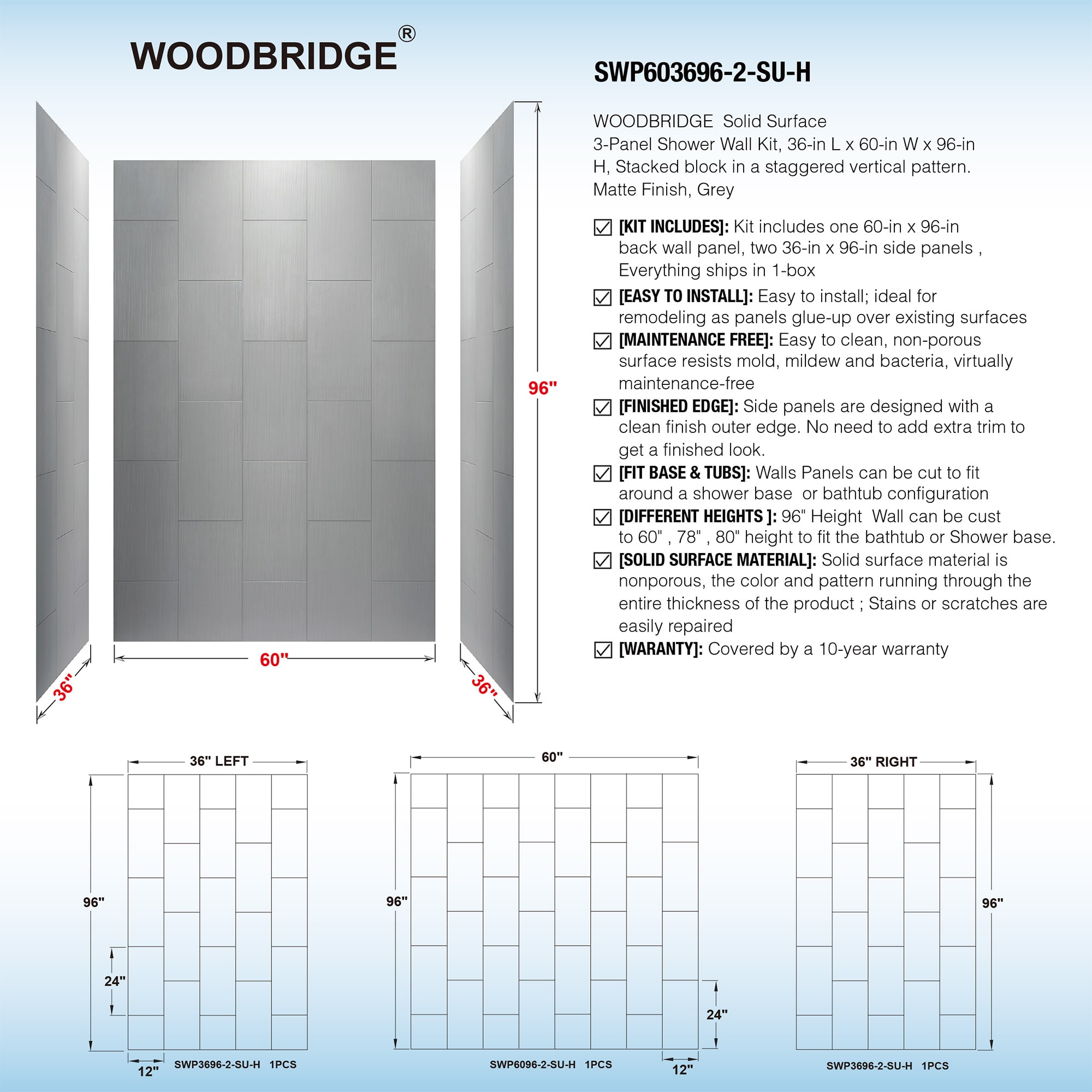 Kit de panel de ducha alcove Woodbridge Wooler de 60 pulgadas x 60 pulgadas x 36 pulgadas en gris mate de 3.0 piezas