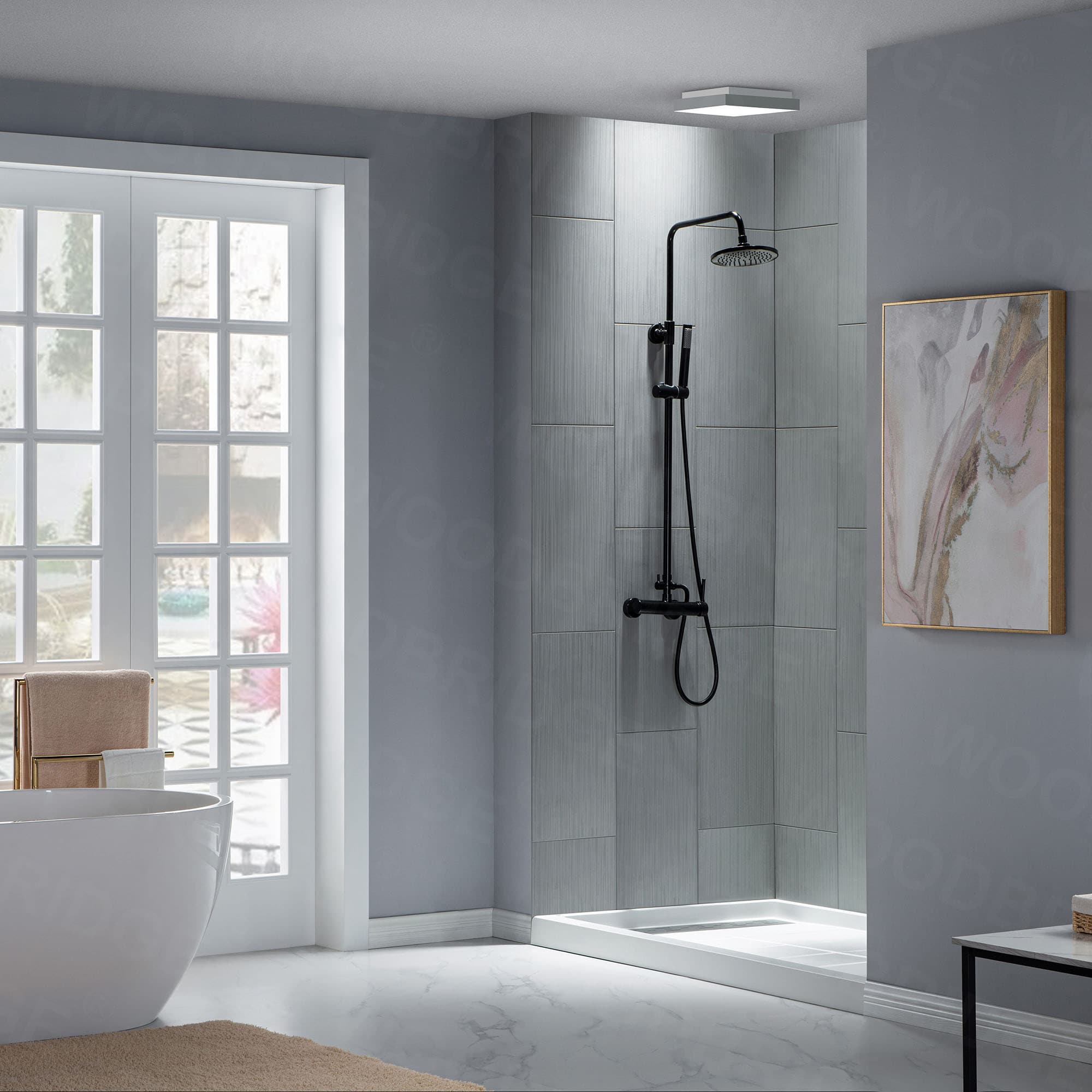 Kit de panel de ducha alcove Woodbridge Wooler de 60 pulgadas x 60 pulgadas x 36 pulgadas en gris mate de 3.0 piezas