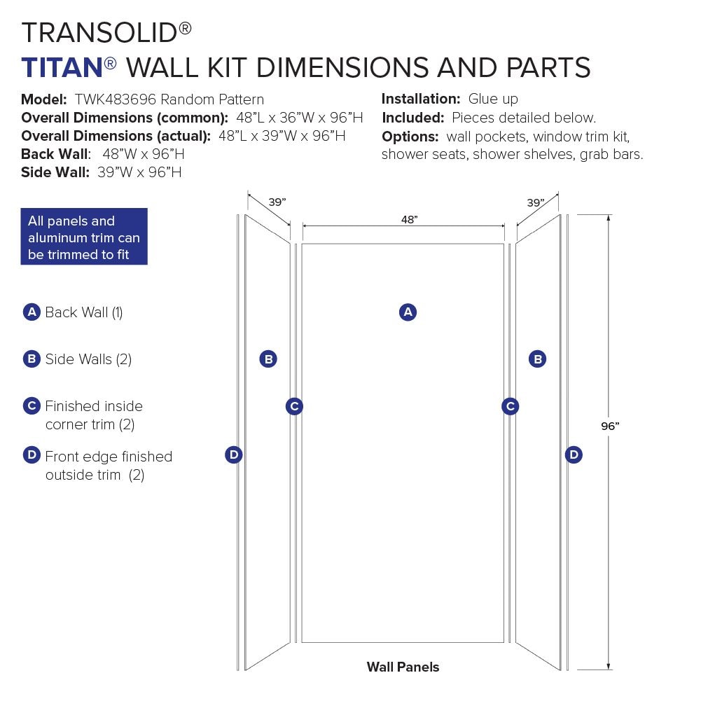 Kit de panel de ducha empotrable Transolid Titan de 48 pulgadas de ancho x 36 pulgadas de profundidad x 96 pulgadas de altura en color Gris Sabana/Honado de 3 piezas
