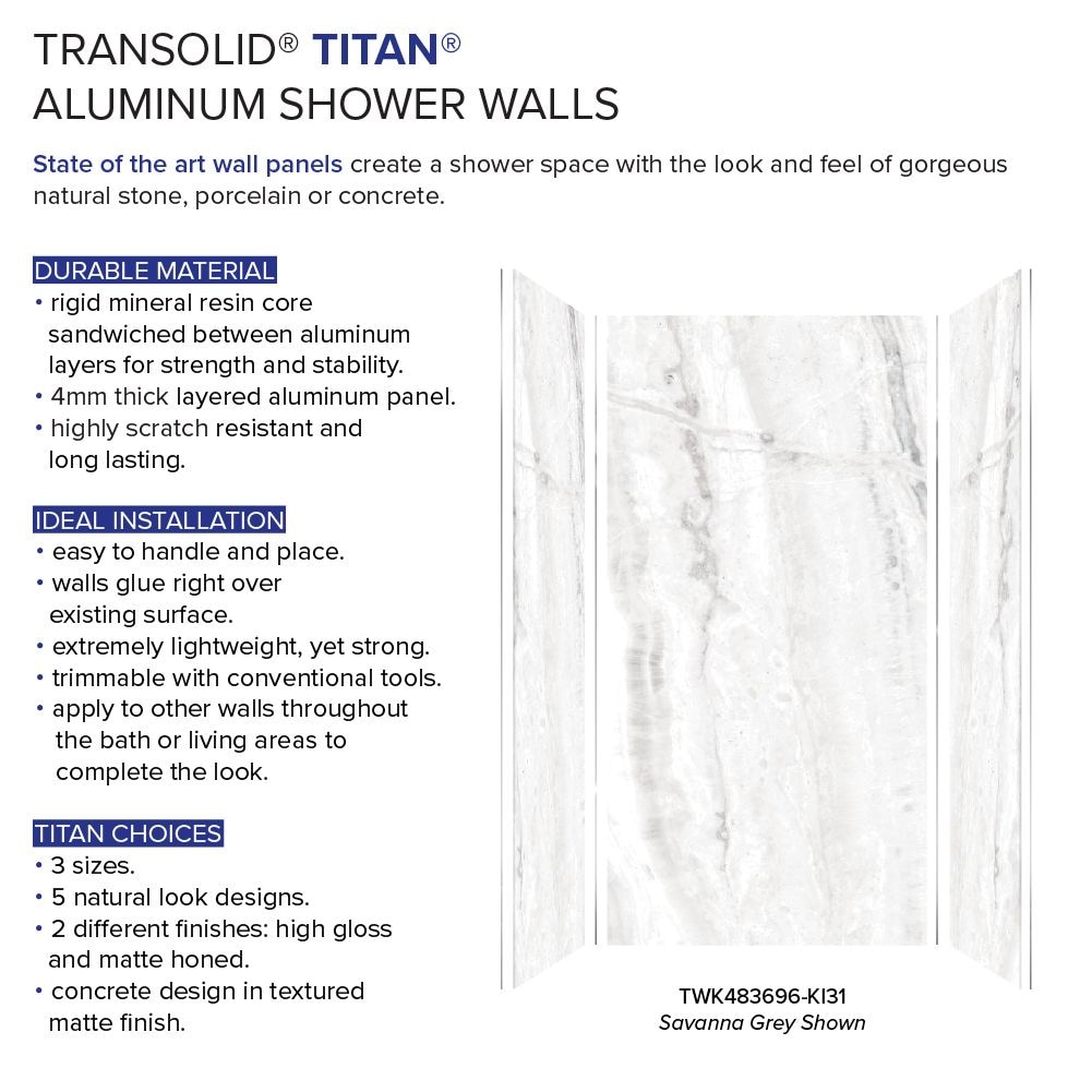 Kit de panel de ducha empotrable Transolid Titan de 48 pulgadas de ancho x 36 pulgadas de profundidad x 96 pulgadas de altura en color Gris Sabana/Honado de 3 piezas