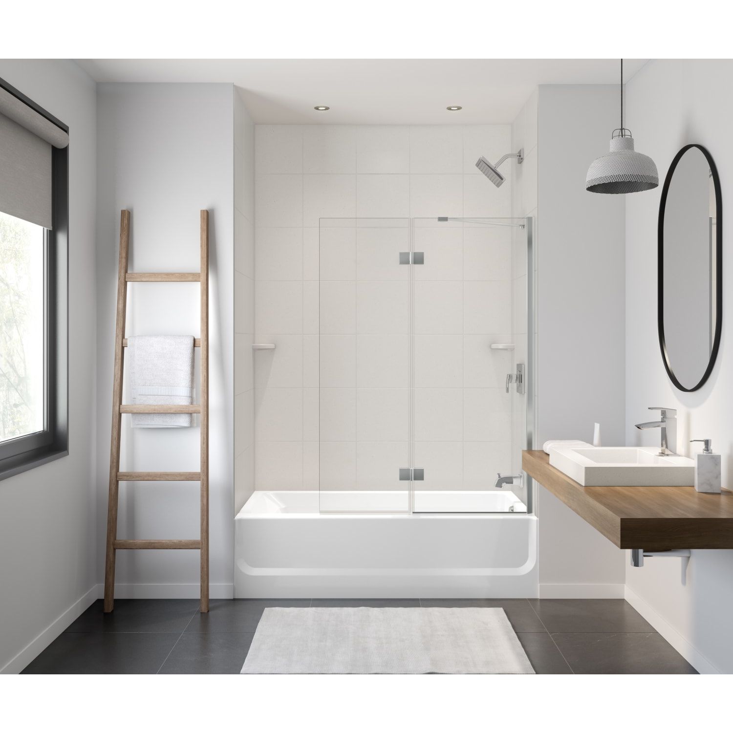 Pared de ducha para alcoba de 3 piezas con pegamento en color blanco de 62 pulgadas de ancho x 36 pulgadas de profundidad x 72.5 pulgadas de altura.