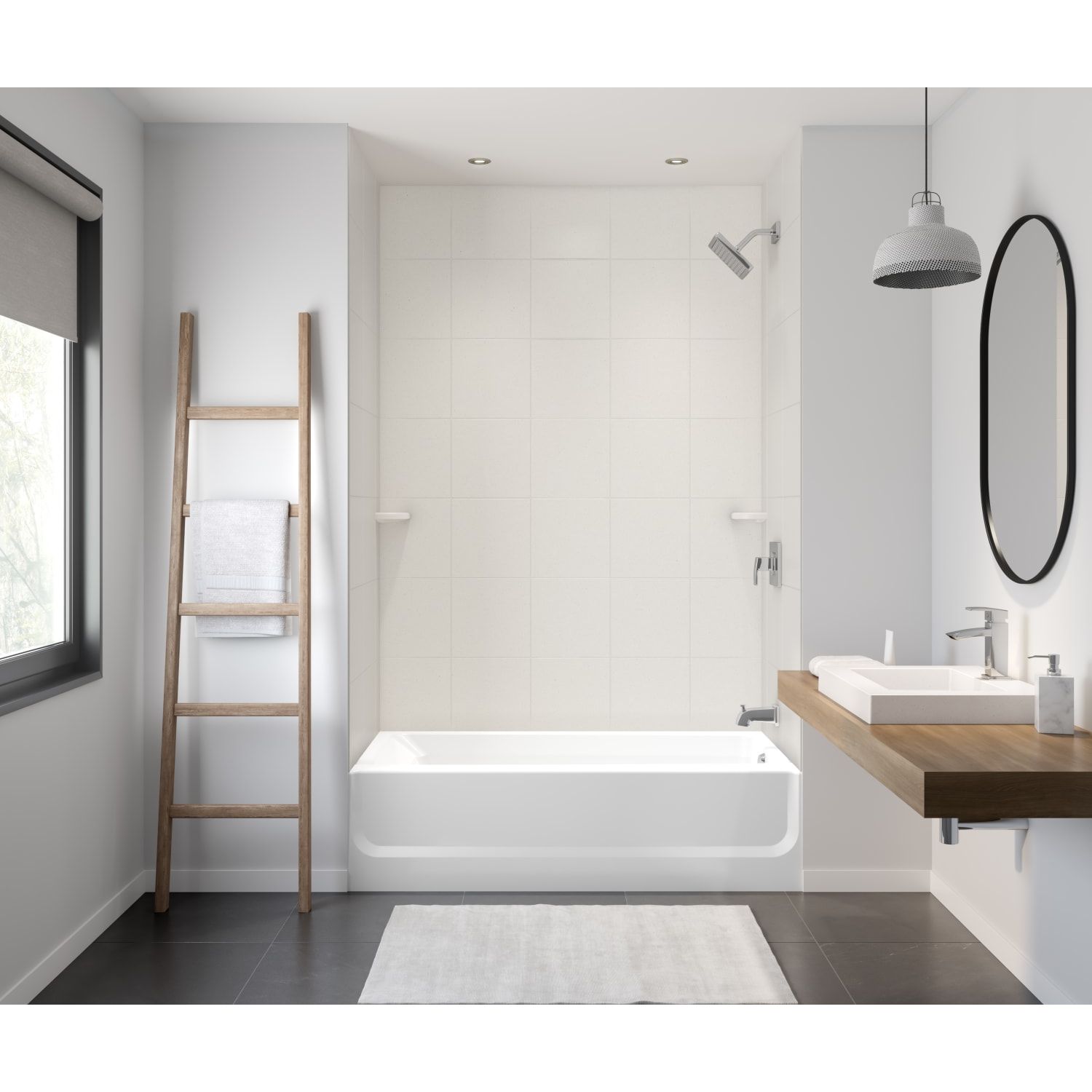 Pared de ducha para alcoba de 3 piezas con pegamento en color blanco de 62 pulgadas de ancho x 36 pulgadas de profundidad x 72.5 pulgadas de altura.