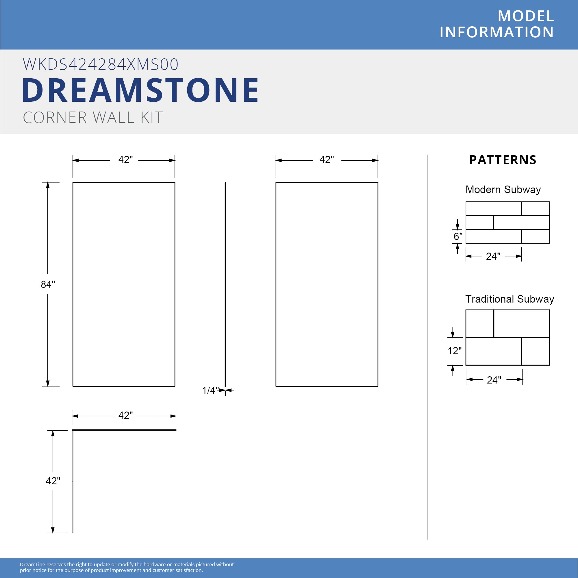 Panel de pared para esquina de ducha de 42 pulgadas de ancho x 42 pulgadas de profundidad x 84 pulgadas de altura en color blanco DreamStone 2.0 - Pieza de Ensamble con Pegamento WKDS424284XMS00