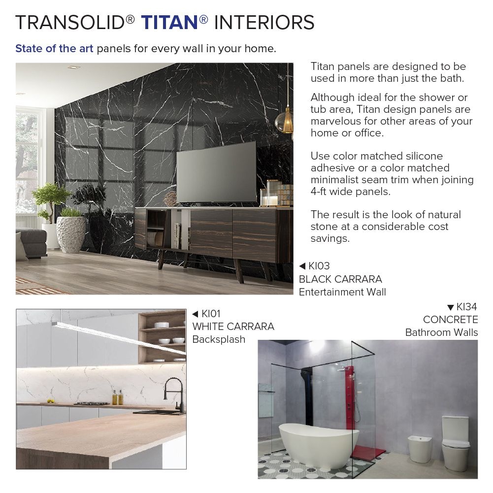 Kit de paneles para ducha en alcoba de 4 piezas Transolid Titan en blanco Caruso/Honed de 60 pulgadas de ancho x 48 pulgadas de profundidad x 96 pulgadas de altura TWK604896-KI01H.