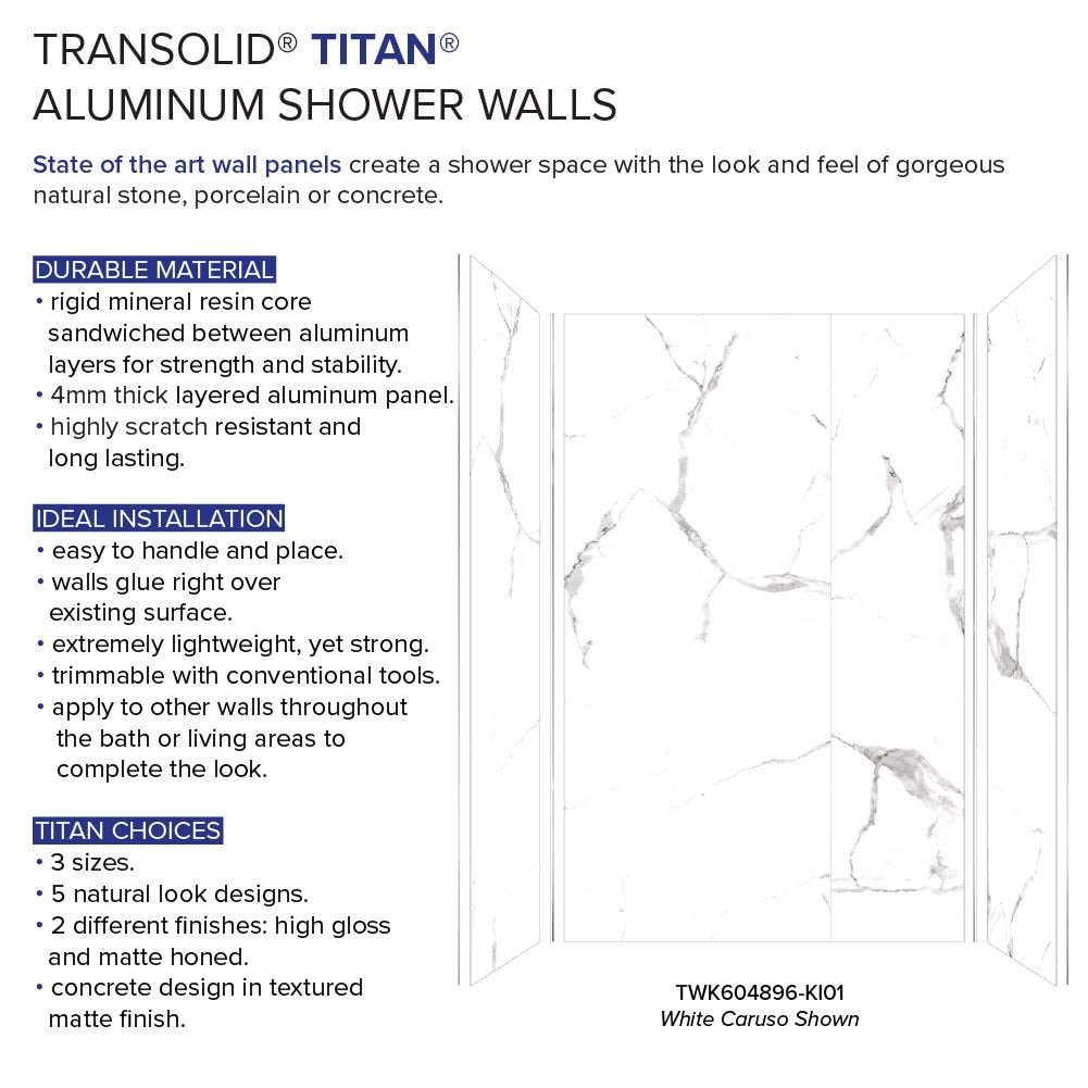 Kit de paneles para ducha en alcoba de 4 piezas Transolid Titan en blanco Caruso/Honed de 60 pulgadas de ancho x 48 pulgadas de profundidad x 96 pulgadas de altura TWK604896-KI01H.