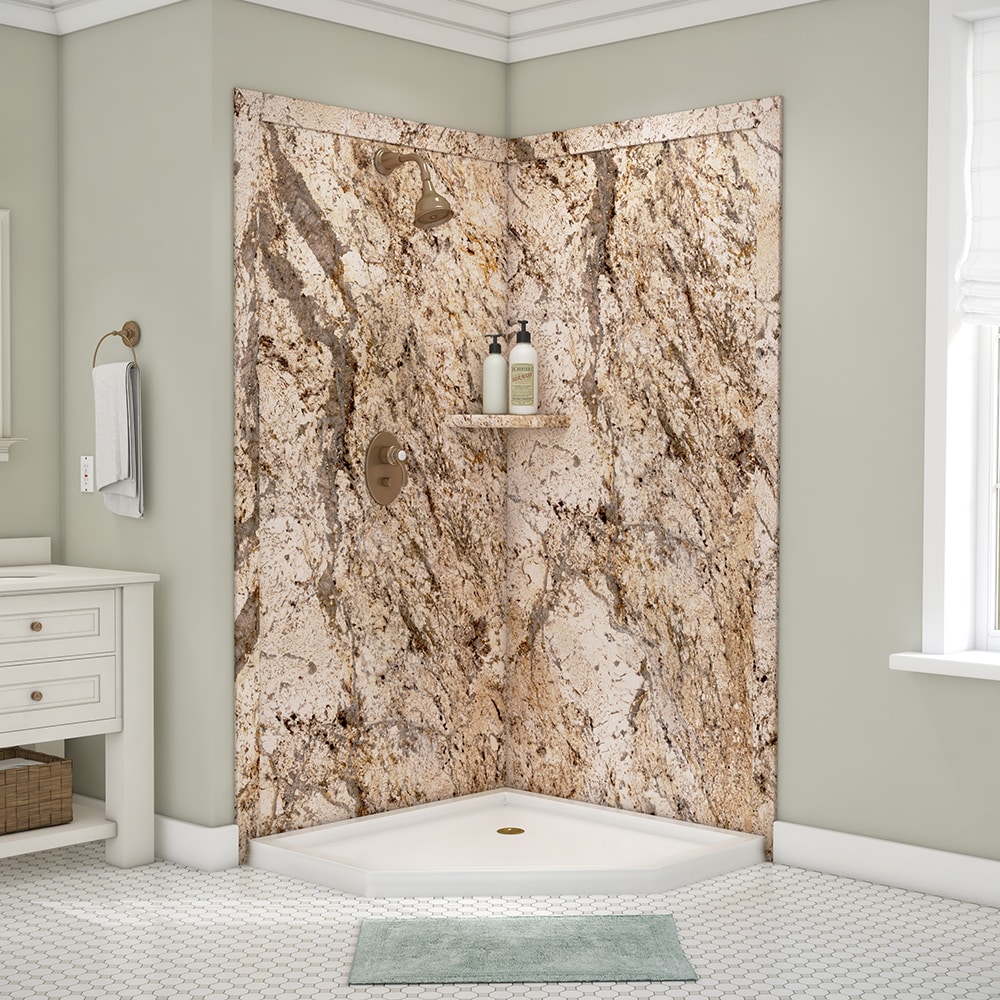 Panel de pared para esquina de ducha FlexStone Splendor de 40 pulgadas de ancho x 40 pulgadas de profundidad x 80 pulgadas de alto en Golden Beaches 2.0