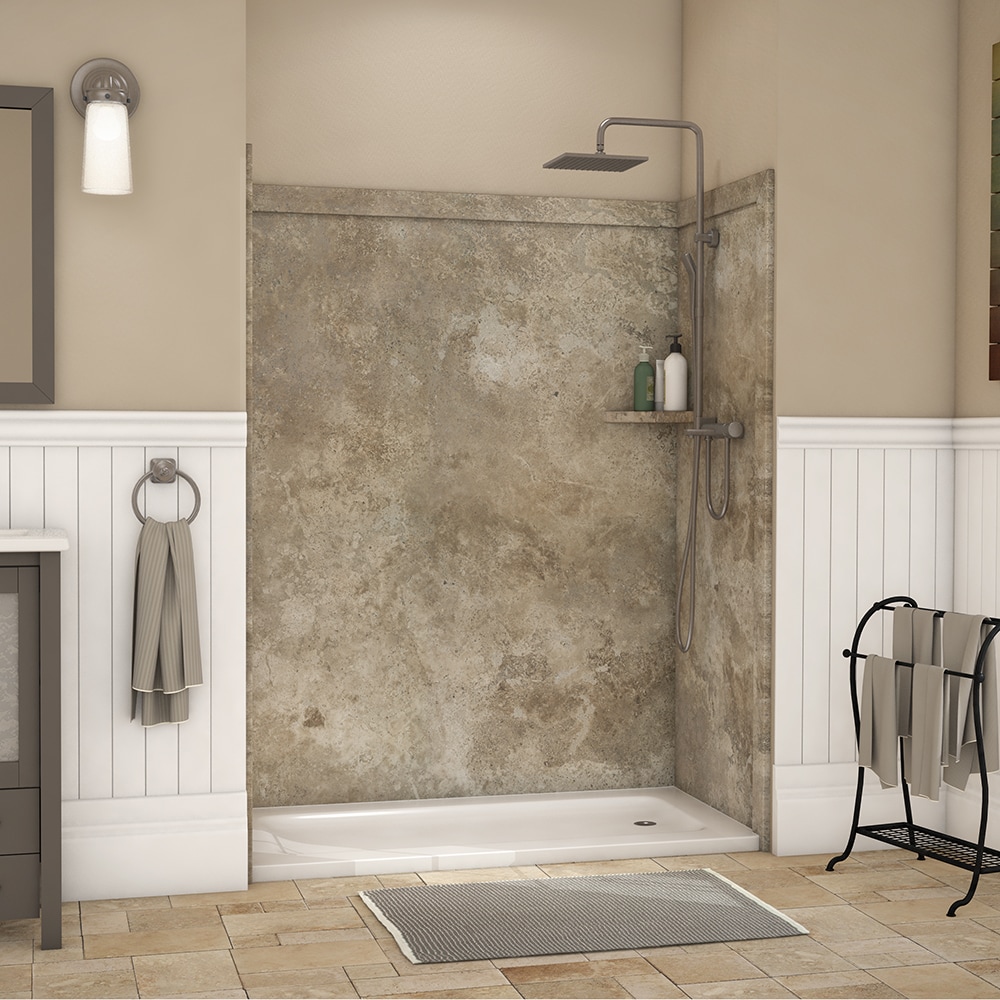 Recubrimiento de pared para ducha en alcoba FlexStone Royale de 60 pulgadas de ancho x 36 pulgadas de profundidad x 80 pulgadas de altura en travertino color mocca de 3 piezas.