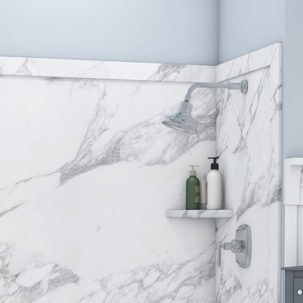 Muro de ducha adhesivo para nicho FlexStone Adaptable en color Calacatta White de 60 pulgadas de ancho x 60 pulgadas de profundidad x 80 pulgadas de altura 3.0 piezas