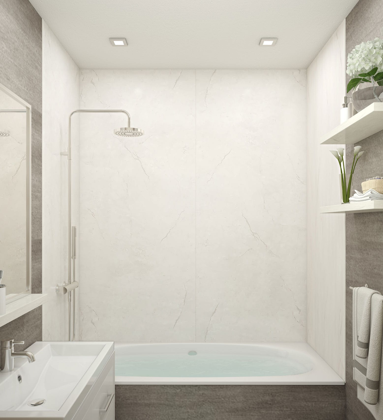 Kit de Panel de Ducha para Alcoba de 3 Piezas con Pegamento Vienna Marble Wetwall Wilsonart de 48 pulgadas de ancho x 34 pulgadas de profundidad x 96 pulgadas de altura WWK130795248X34X96