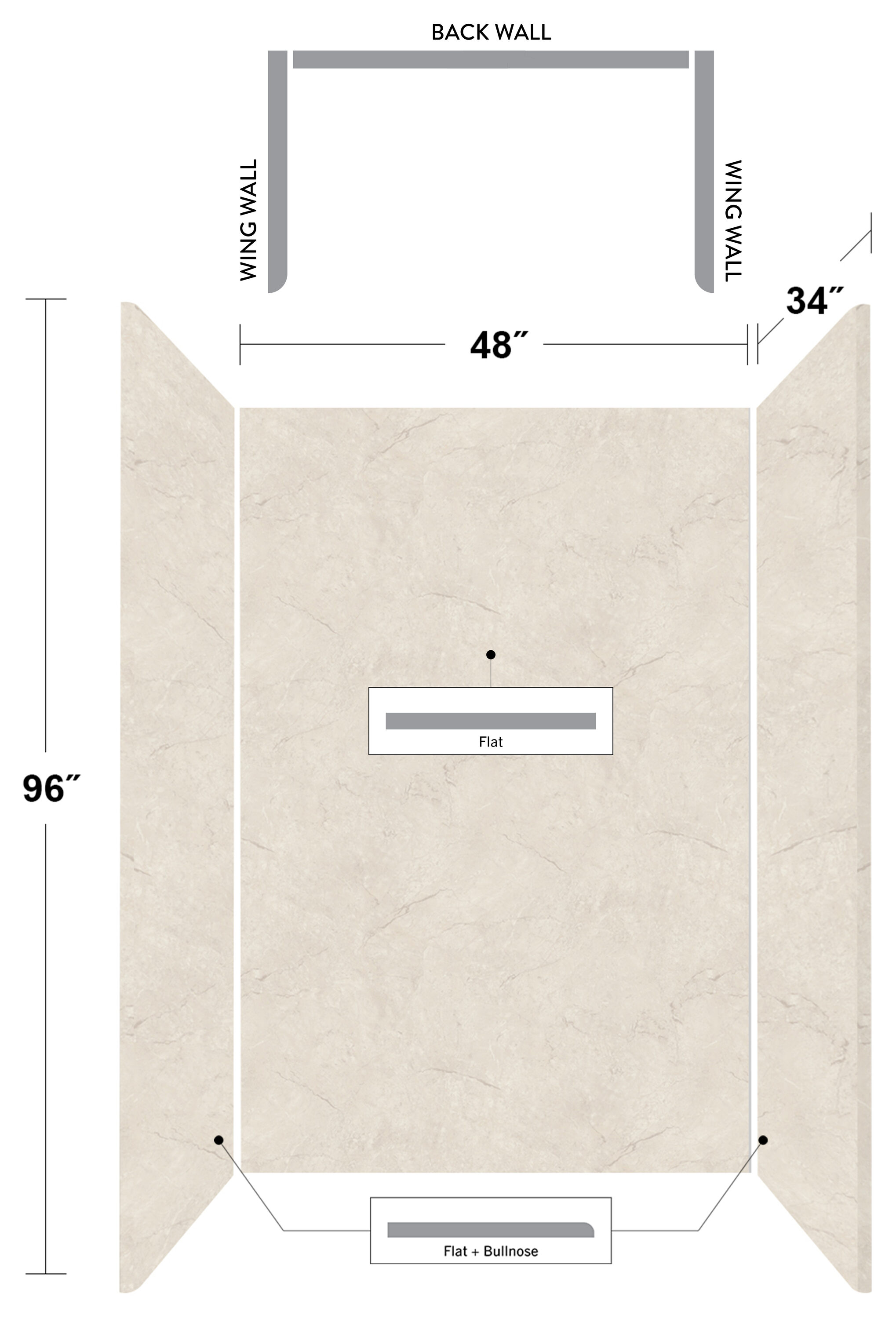 Kit de Panel de Ducha para Alcoba de 3 Piezas con Pegamento Vienna Marble Wetwall Wilsonart de 48 pulgadas de ancho x 34 pulgadas de profundidad x 96 pulgadas de altura WWK130795248X34X96