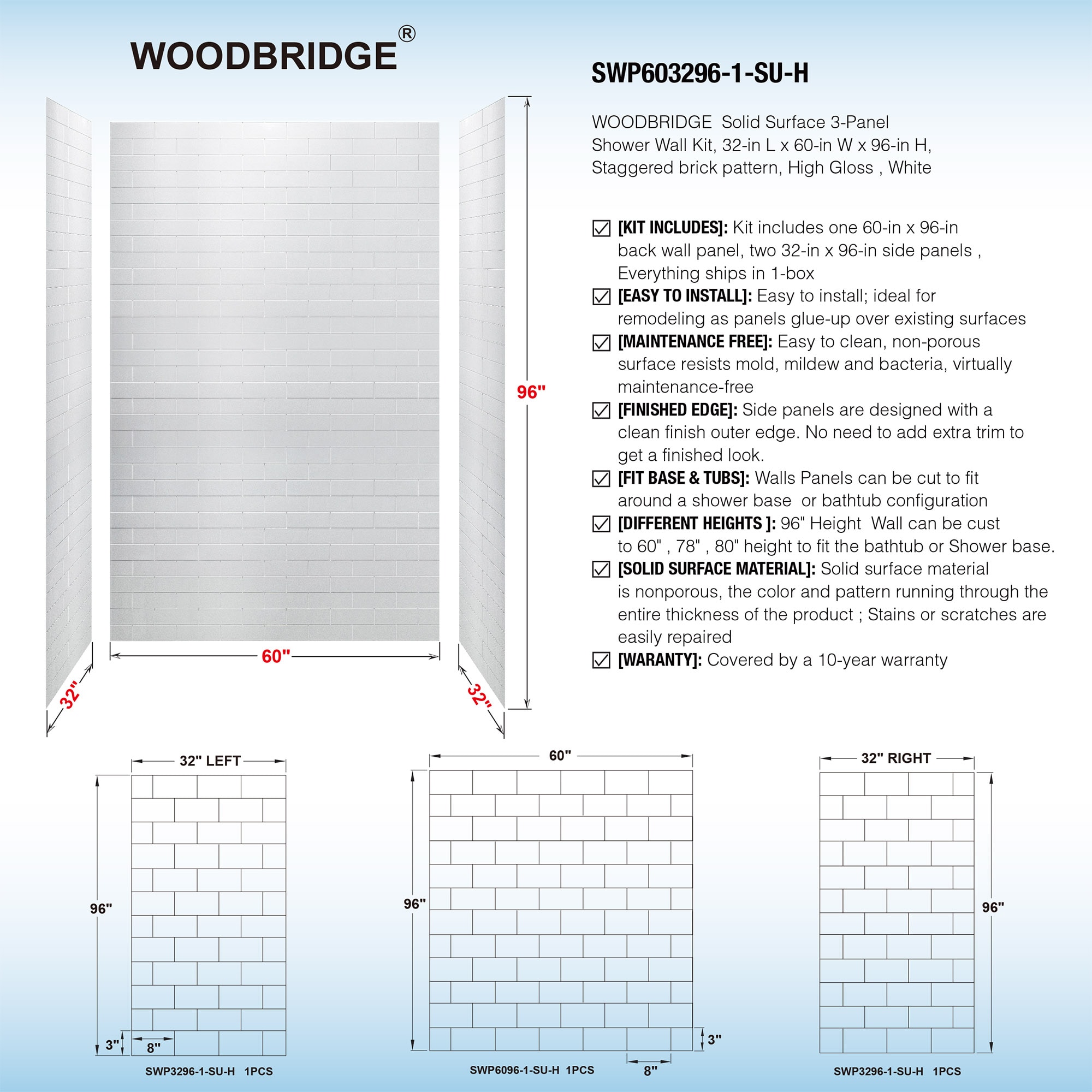 Kit de paneles para ducha alcove de alto brillo blanco Woodbridge Wooler de 32 pulgadas de ancho x 60 pulgadas de profundidad x 96 pulgadas de altura, de 3 piezas con sistema de pegamento LSWP112.