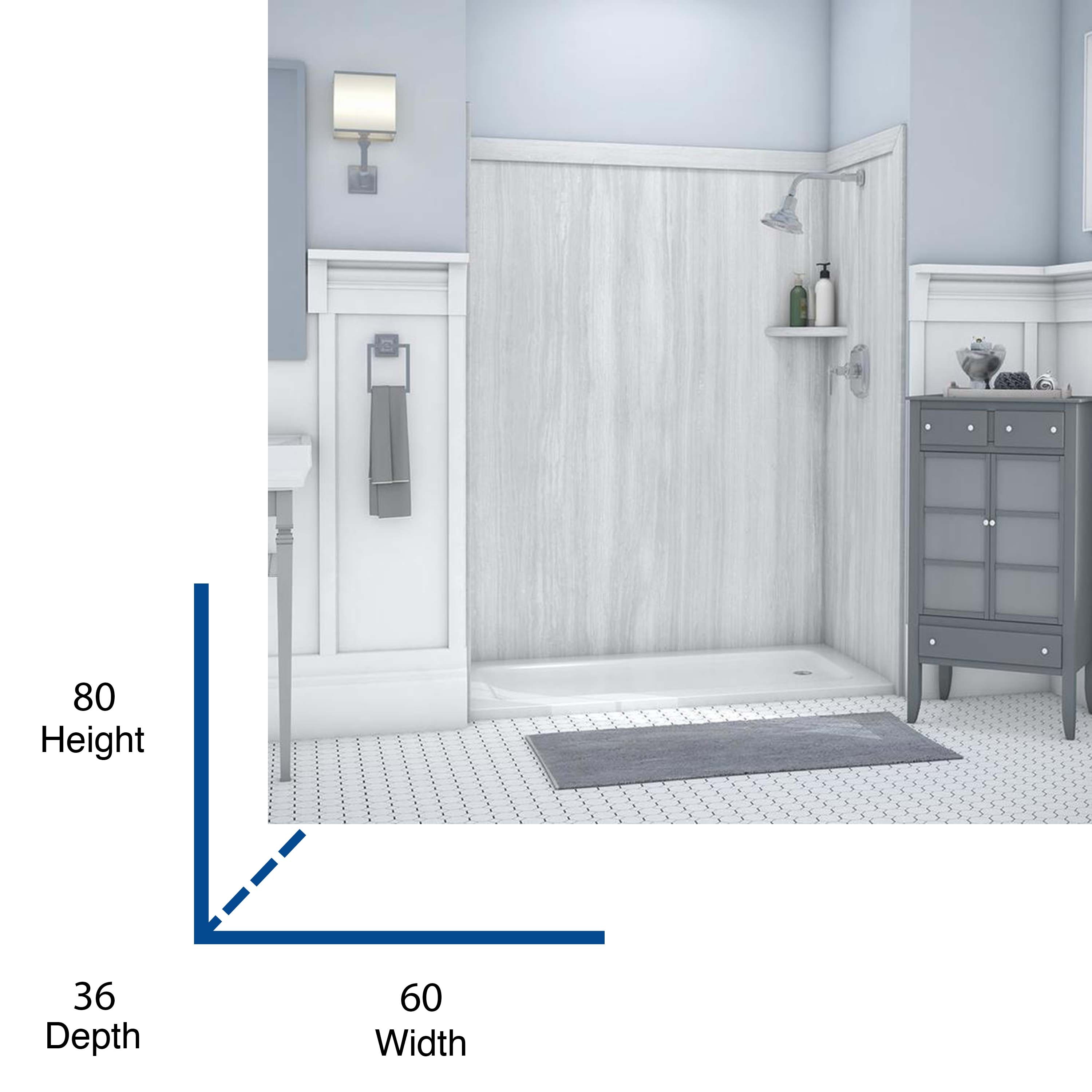 Recubrimiento de pared para ducha en Alcoba FlexStone Royale 60 pulgadas de ancho x 36 pulgadas de profundidad x 80 pulgadas de alto en Silver Strata 3.0 - Conjunto de 3 piezas de encolado SSK60367831SS.